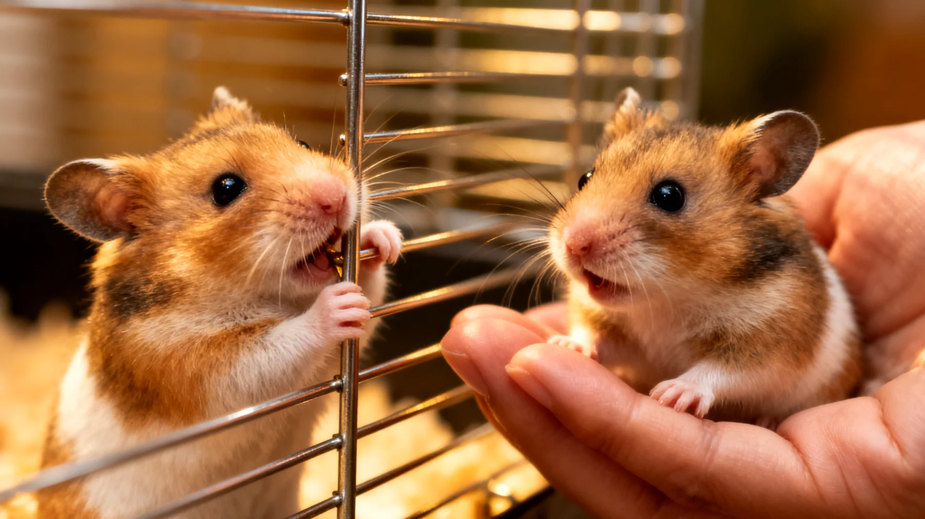 Hamster zeigen in den ersten Lebenswochen einen ausgeprägten Erkundungsdrang und neigen dazu, an Käfigstäben zu nagen oder zu klettern, was zu Verletzungen führen kann. Junge Hamster müssen behutsam an die Handhabung durch Menschen gewöhnt werden, da sie anfangs sehr schreckhaft sind und schnell beißen können."