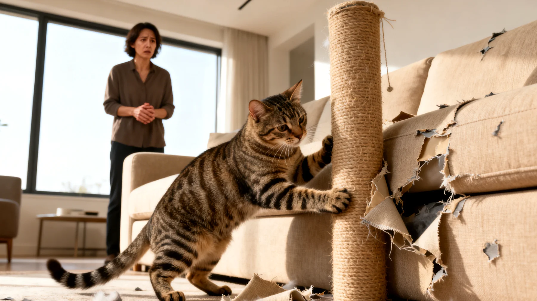 Katzen zeigen in der Wohnung oft problematisches Kratzverhalten an Möbeln, Tapeten und Türrahmen, was zu Schäden führt und gleichzeitig auf einen Mangel an geeigneten Kratzmöglichkeiten und mentaler Stimulation hinweist"